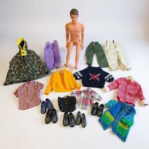 Vintage 1968 60's Mattel Barbie Ken Doll w/10 clothing items + 5 pr shoes 12"